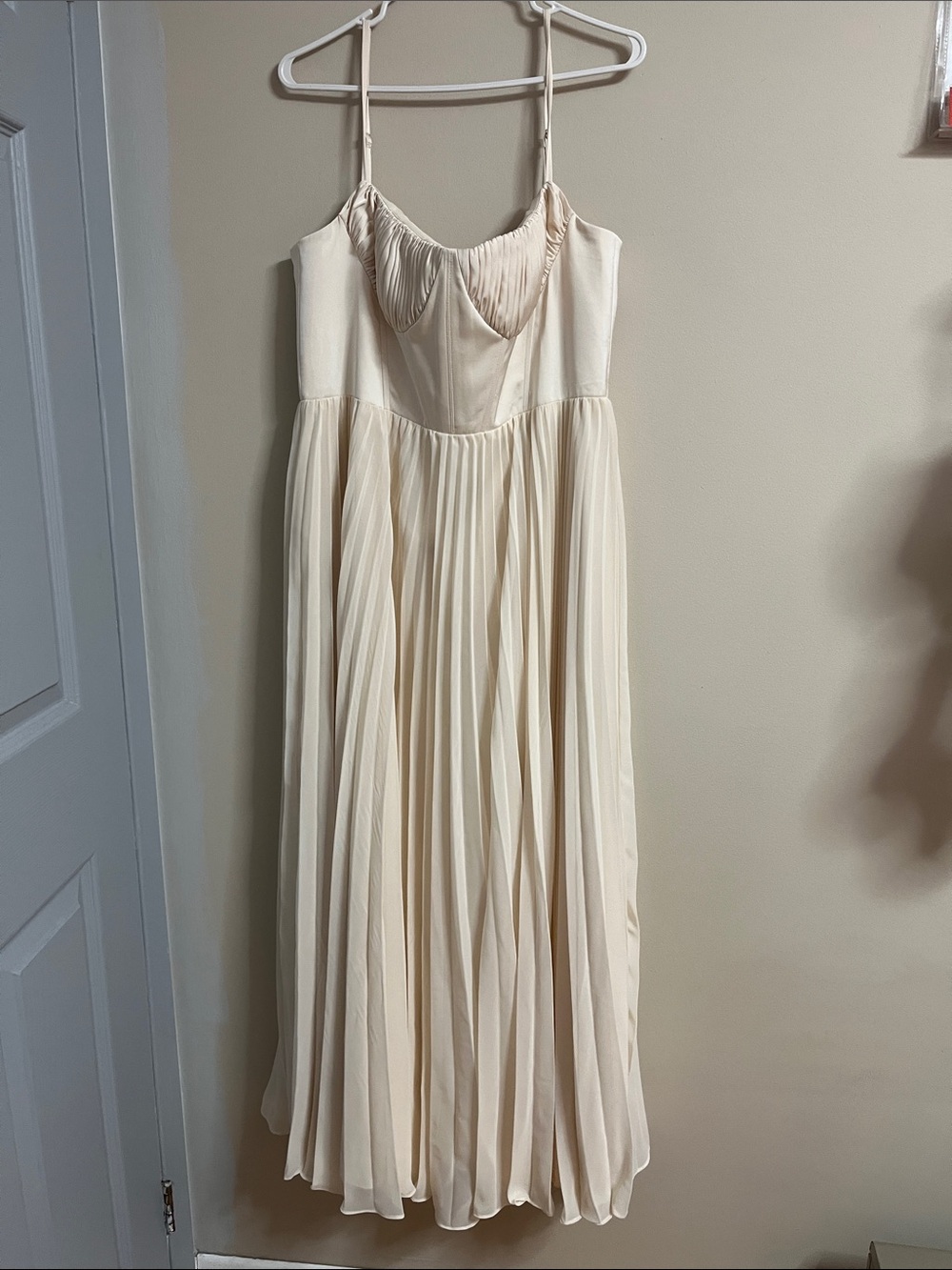 Azazie Cream Pleated Maxi Dress with Spaghetti Straps